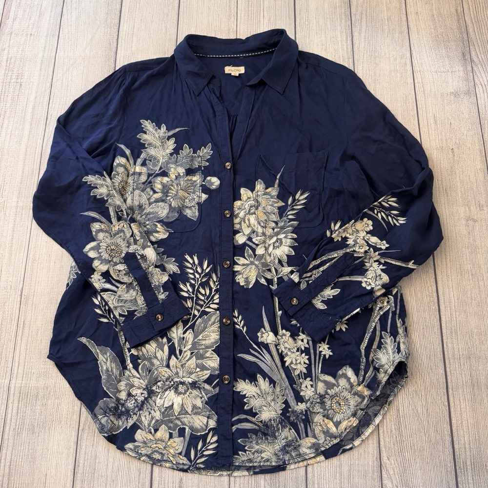 Anthropologie Pilcro Navy Blue Floral Modal Button Down Shirt Medium Semi-Sheer - Picture 2 of 12